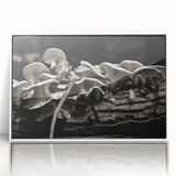 Framed wall art featuring a vibrant botanical design of flowers and mushrooms, displayed in a sleek white frame, perfect for enhancing modern home decor.