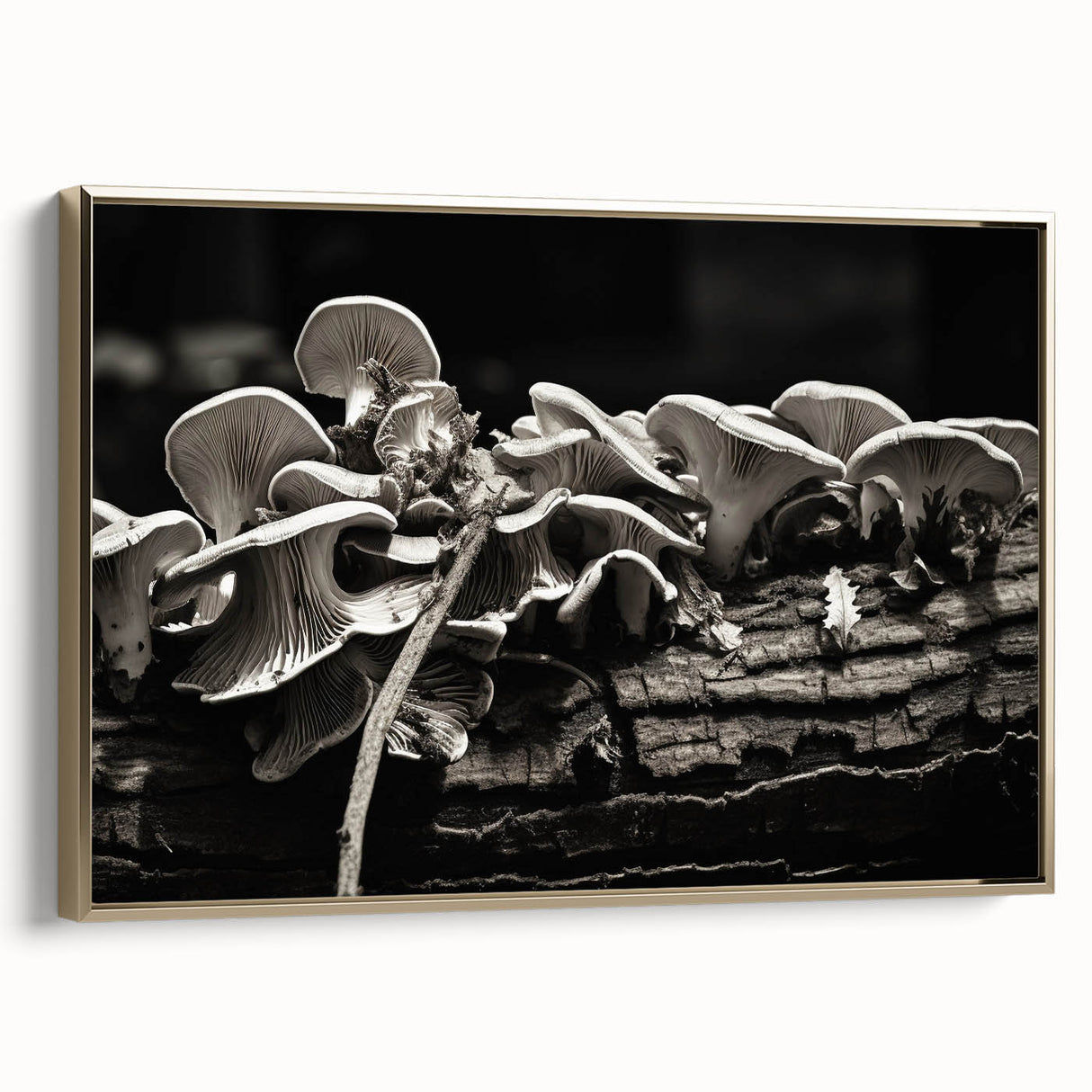 Framed botanical wall art showcasing a vibrant arrangement of colorful flowers and intricate mushrooms, set against a gold backdrop, ideal for home decor.