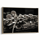 Framed botanical wall art showcasing a vibrant arrangement of colorful flowers and intricate mushrooms, set against a gold backdrop, ideal for home decor.