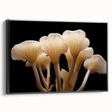 Framed canvas wall art showcasing a botanical design of colorful mushrooms against a black background, ideal for modern home decor and nature enthusiasts.