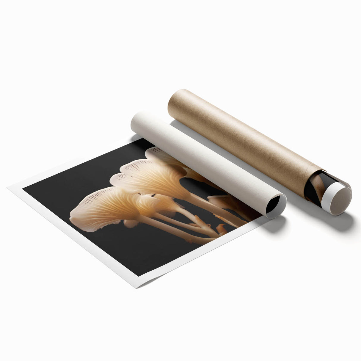 Vibrant botanical wall art print showcasing an intricate design of colorful mushrooms and flowers, rolled and ready for framing, perfect for nature enthusiasts.