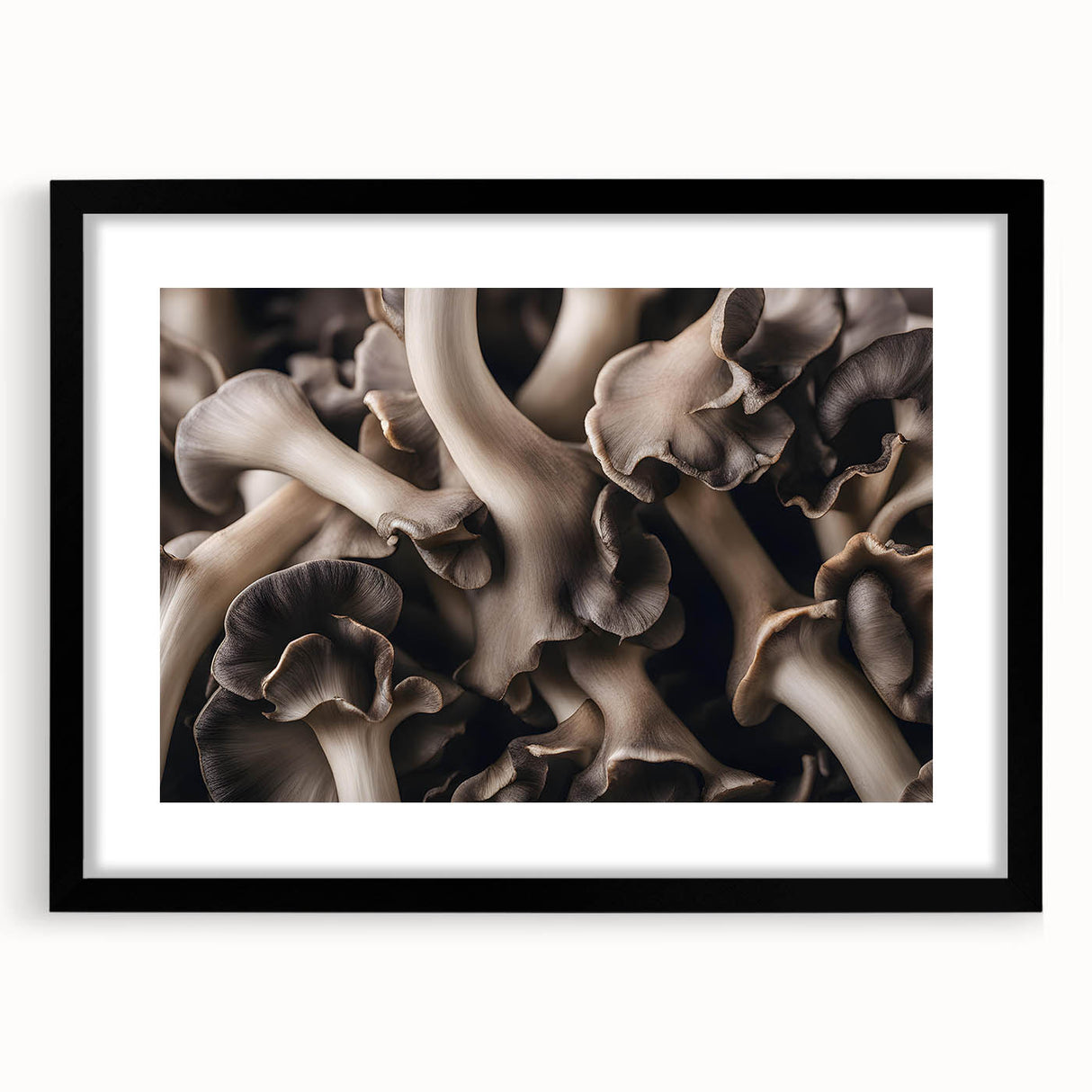 Botanical wall art featuring a vibrant floral and mushroom design, framed in black with a white mat, showcasing intricate details ideal for home decor.