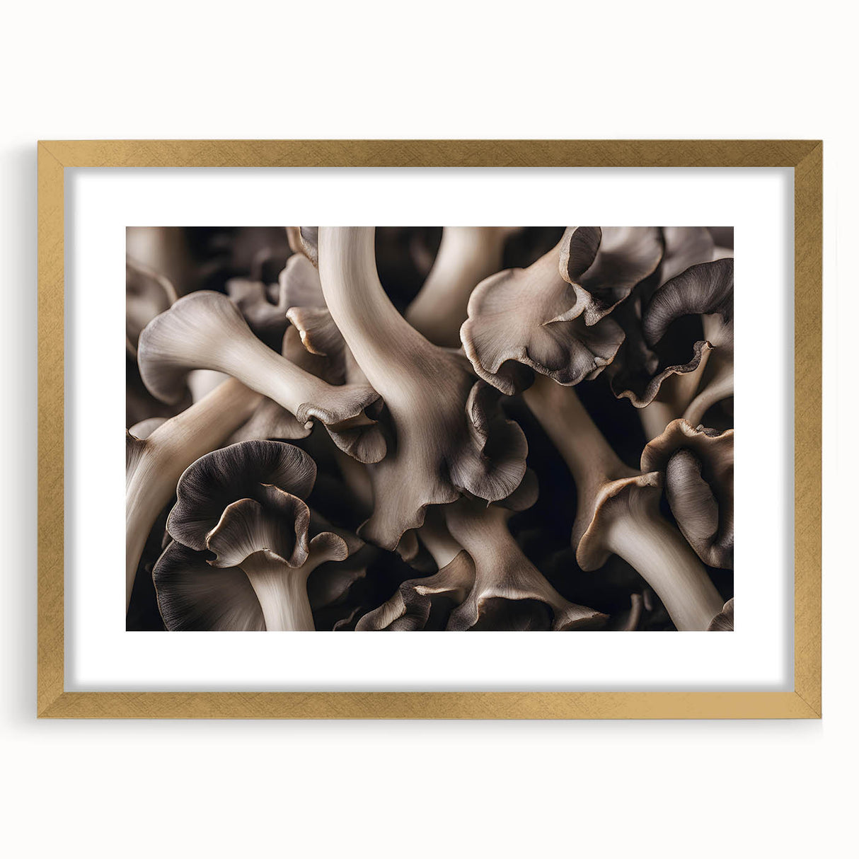 Framed botanical wall art featuring colorful flowers and mushrooms in a gold frame, ideal for enhancing home decor with a natural touch and elegance.