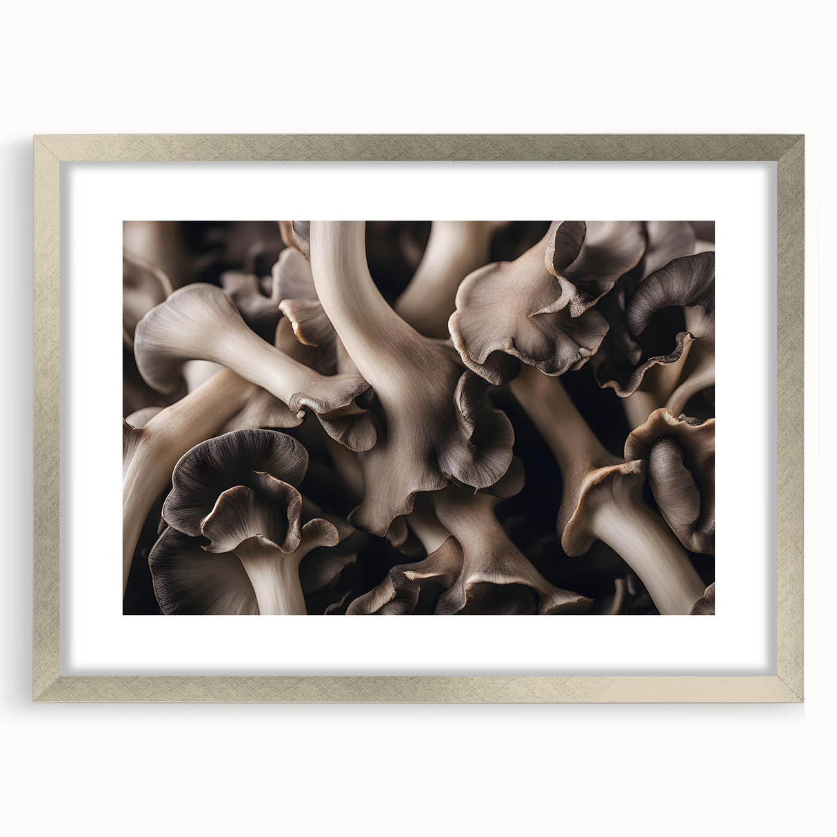Botanical wall art featuring a silver-framed design of colorful flowers and mushrooms, elegantly matted for display, perfect for nature-inspired decor.
