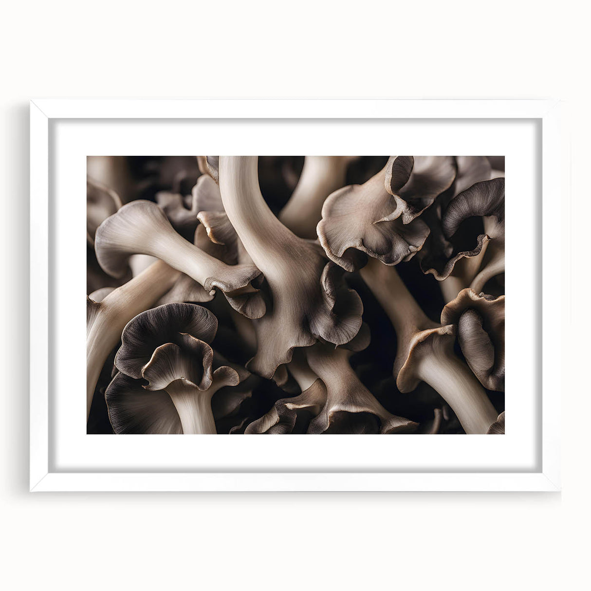 Botanical wall art print featuring a vibrant floral and mushroom design, framed in white with a mat. Ideal for enhancing home decor with a natural touch.