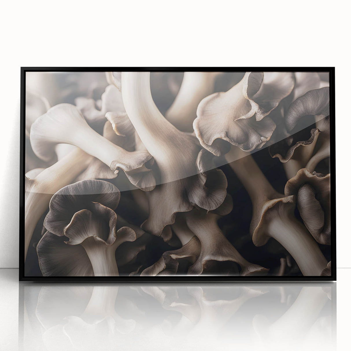 Framed wall art showcasing a botanical design of colorful flowers and mushrooms, with a sleek black frame, perfect for adding a touch of nature-inspired decor to any room.
