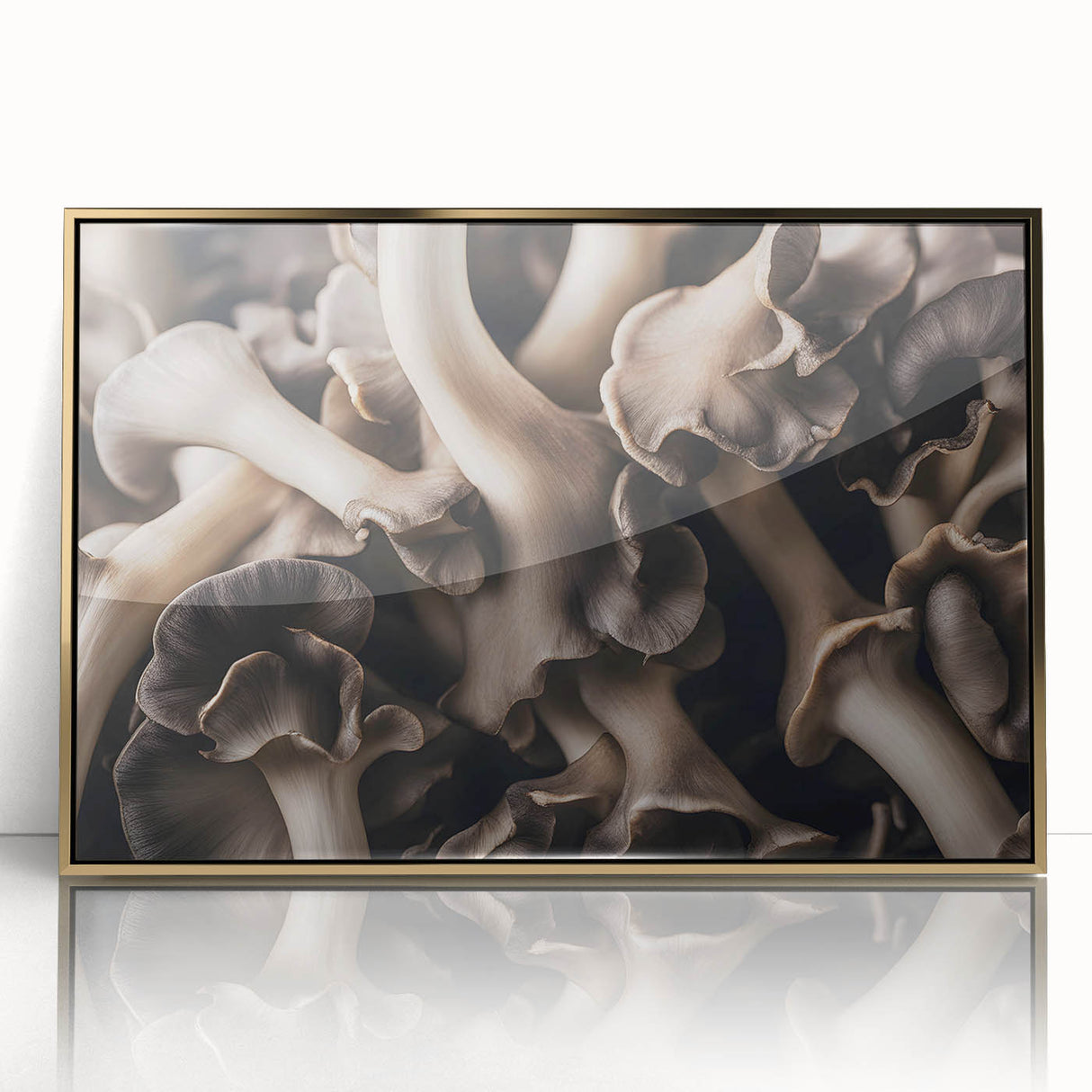 Framed wall art featuring a botanical design of colorful flowers and mushrooms, encased in an elegant gold frame, ideal for enhancing home decor aesthetics.