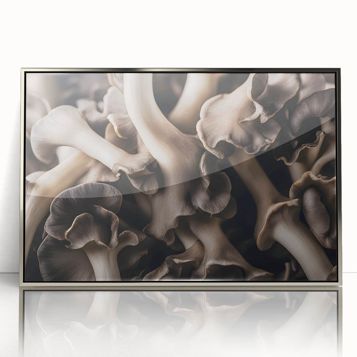 Framed wall art collection showcasing a botanical design with colorful flowers and mushrooms, featuring a sleek silver frame, perfect for modern decor.