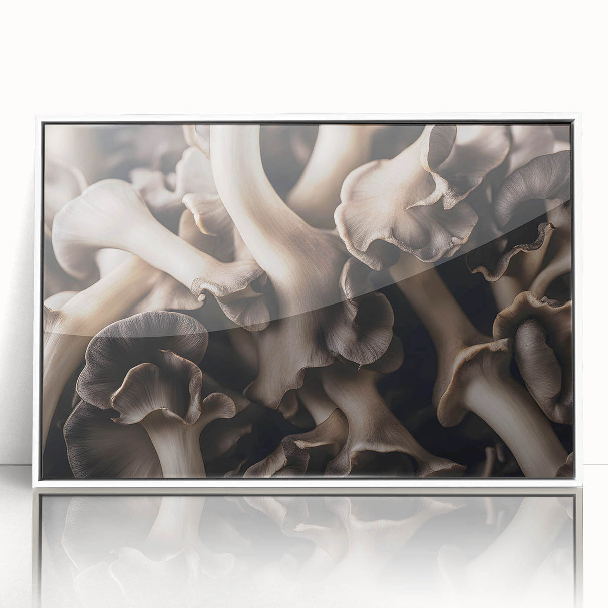Framed wall art featuring a botanical design of colorful mushrooms and flowers on a white background, perfect for adding a vibrant touch to any interior decor.