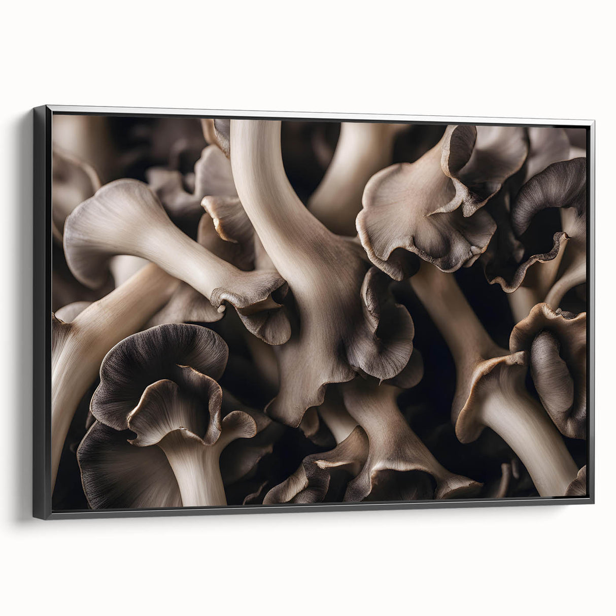 Framed canvas wall art featuring a vibrant botanical design with various colorful flowers and mushrooms, displayed against a sleek black background, showcasing artistic details and textures.