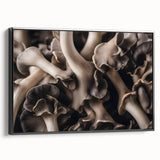 Framed canvas wall art featuring a vibrant botanical design with various colorful flowers and mushrooms, displayed against a sleek black background, showcasing artistic details and textures.