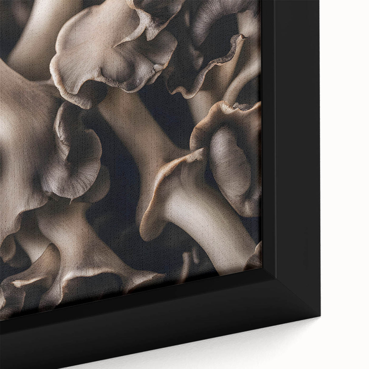 Close-up of a framed botanical wall art piece showcasing vibrant flowers and intricate mushrooms on canvas, perfect for enhancing home decor with nature-inspired aesthetics.
