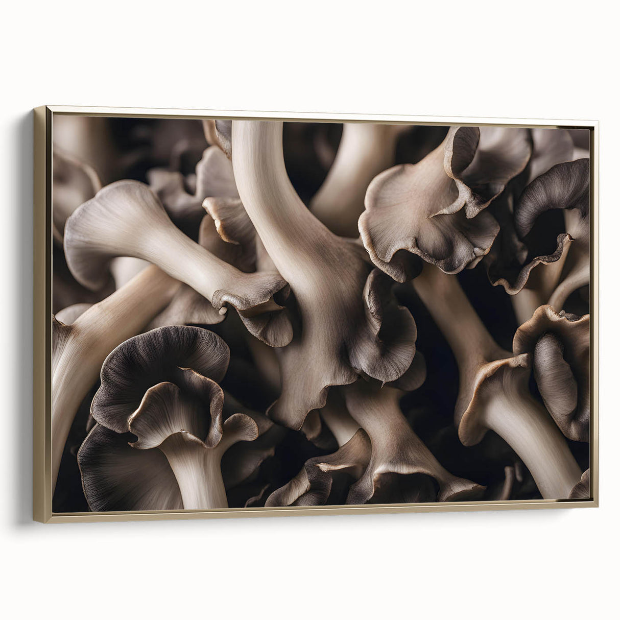 Framed wall art showcasing a botanical design featuring vibrant flowers and mushrooms, set against a gold background, perfect for enhancing home decor aesthetics.