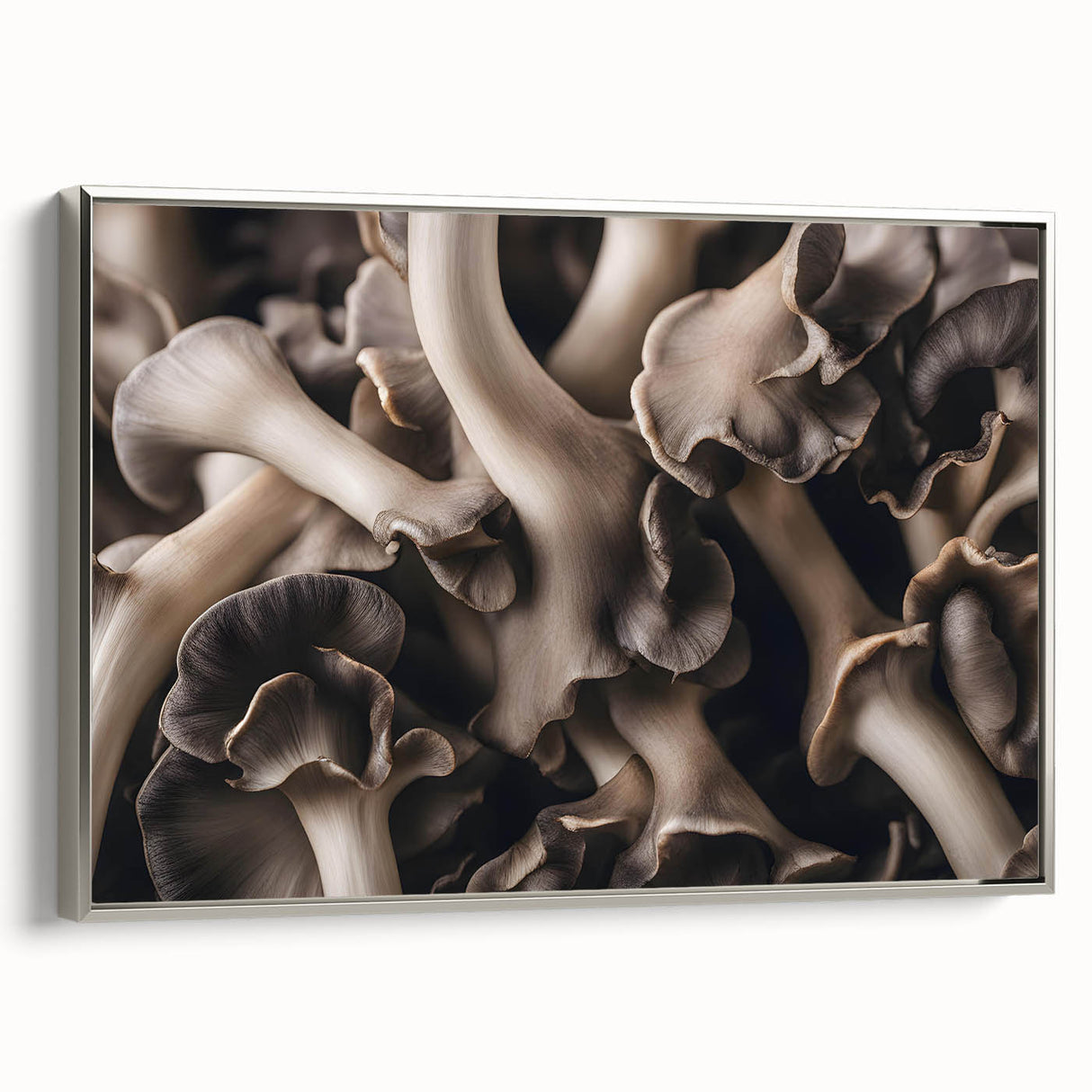 Framed wall art showcasing a botanical design featuring colorful flowers and mushrooms, set against a silver frame, ideal for home decor.