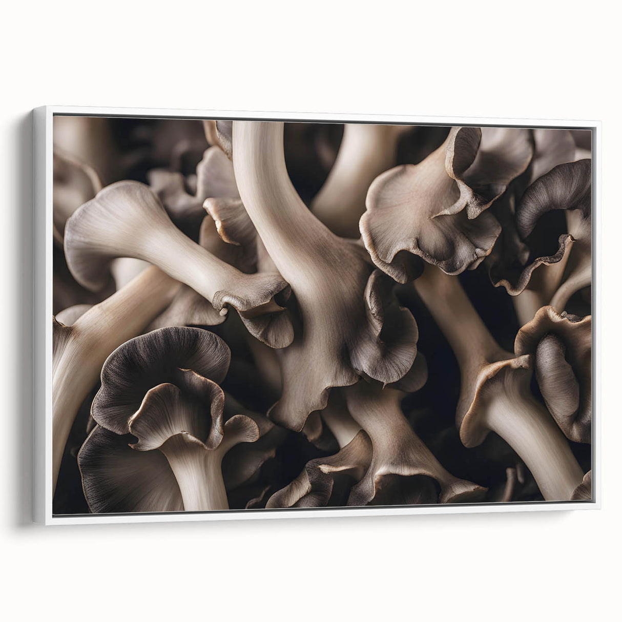 Framed wall art featuring a botanical design of vibrant flowers and mushrooms, displayed from a side view against a white background, perfect for home decor.