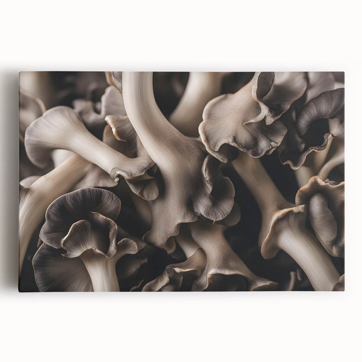Botanical wall art featuring a vibrant design of mushrooms and flowers on stretched canvas, showcasing intricate details and rich colors, ideal for home decor.
