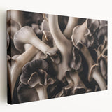 Stretched canvas wall art showcasing a vibrant floral and botanical mushroom design, featuring a side view that highlights its textured surface and colors. Ideal for home decor enthusiasts seeking unique nature-inspired artwork.