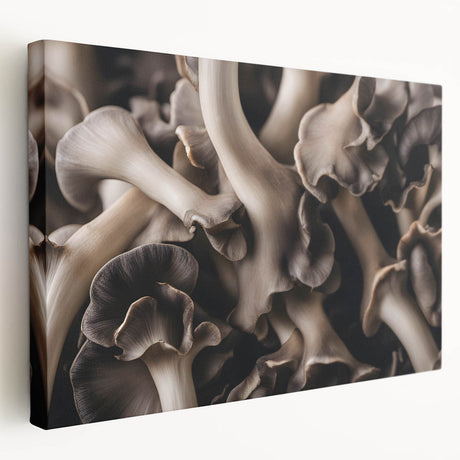 Stretched canvas wall art showcasing a vibrant floral and botanical mushroom design, featuring a side view that highlights its textured surface and colors. Ideal for home decor enthusiasts seeking unique nature-inspired artwork.