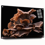 Acrylic glass wall art showcasing a botanical design featuring colorful mushrooms and flowers, elegantly displayed with pins for a stylish side view. Perfect for nature-inspired decor.