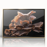 Framed wall art showcasing a botanical design featuring vibrant flowers and intricate mushrooms against a gold-acrylic background, perfect for home decor.