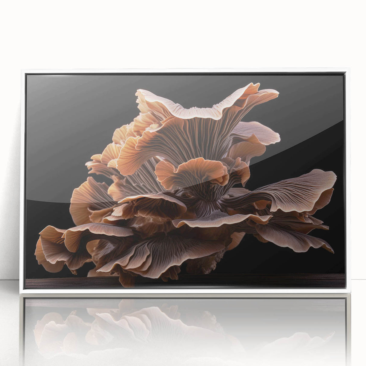 Framed wall art collection featuring a botanical design of colorful flowers and mushrooms on a white background, elegantly displayed in a sleek acrylic frame, perfect for home decor.