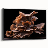 Framed botanical wall art featuring an intricate design of colorful mushrooms and flowers on a black background, showcasing a side view of the canvas. Perfect for nature-inspired decor.