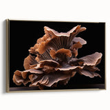 Framed wall art featuring a vibrant botanical design of colorful flowers and mushrooms, set against a gold background, showcasing intricate details and artistry.