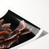 Botanical wall art print showcasing a vibrant collection of colorful flowers and mushrooms on a textured background, rolled for easy display and shipping.