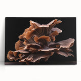 Vibrant botanical wall art featuring assorted colorful mushrooms on a stretched canvas, elegantly leaning against a light-colored wall, perfect for home decor.