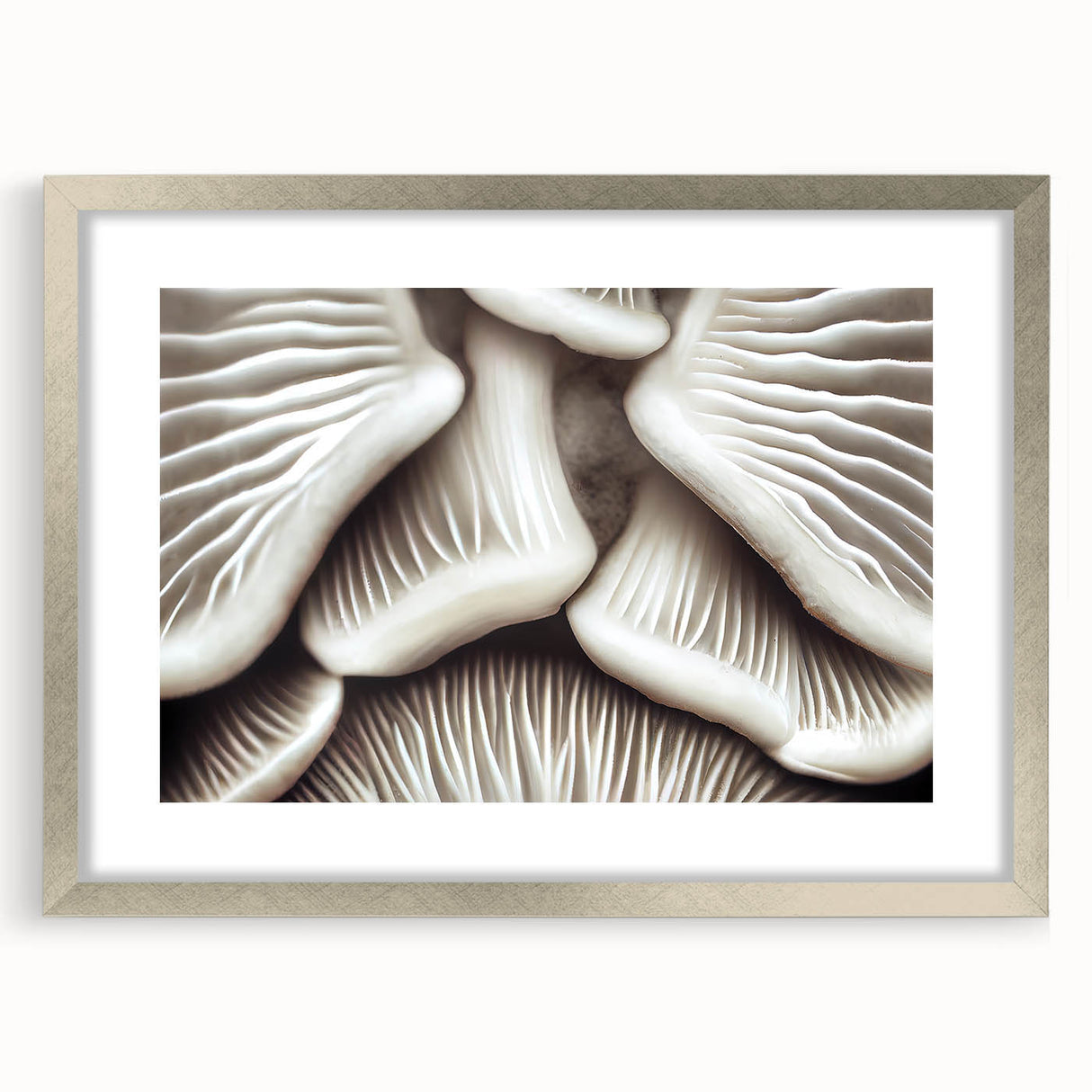 Botanical wall art featuring an elegant arrangement of flowers and mushrooms, framed in silver with a mat, perfect for enhancing home decor.