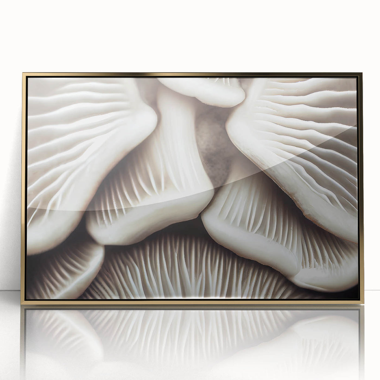 Framed wall art featuring a botanical design of colorful flowers and mushrooms, set in a gold-accented acrylic frame, perfect for home decor enhancement.