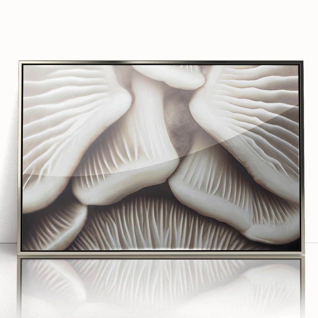 Framed botanical wall art featuring a detailed design of colorful flowers and mushrooms with a sleek silver frame, ideal for home decoration and nature-inspired aesthetics.