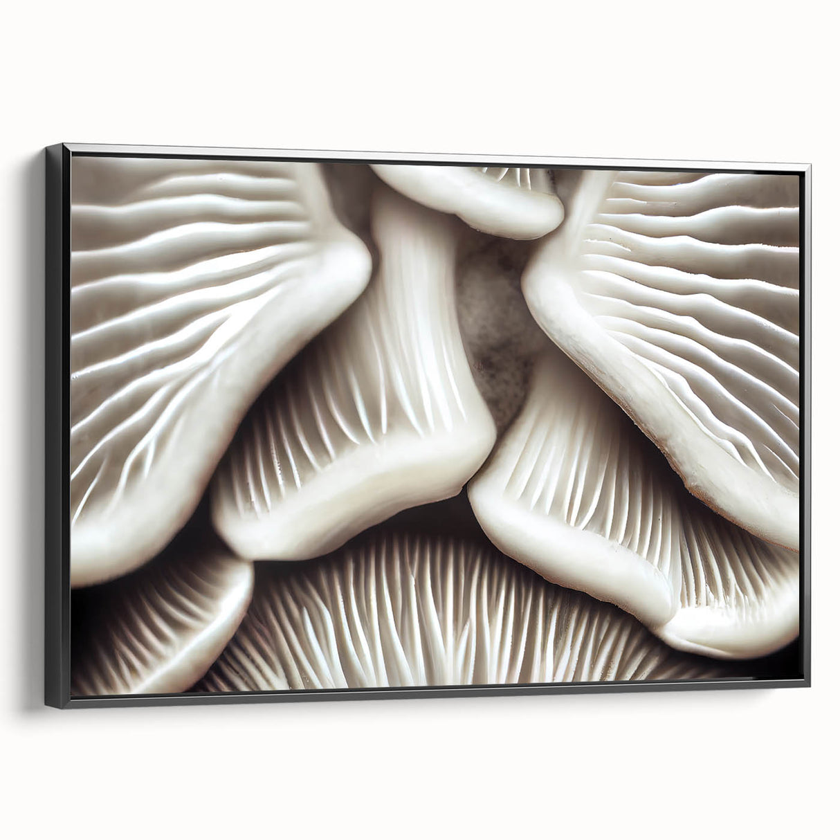 Framed wall art featuring a botanical design of colorful flowers and mushrooms on canvas, displayed from a black side view, ideal for home decor enthusiasts.