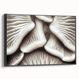 Framed wall art featuring a botanical design of colorful flowers and mushrooms on canvas, displayed from a black side view, ideal for home decor enthusiasts.