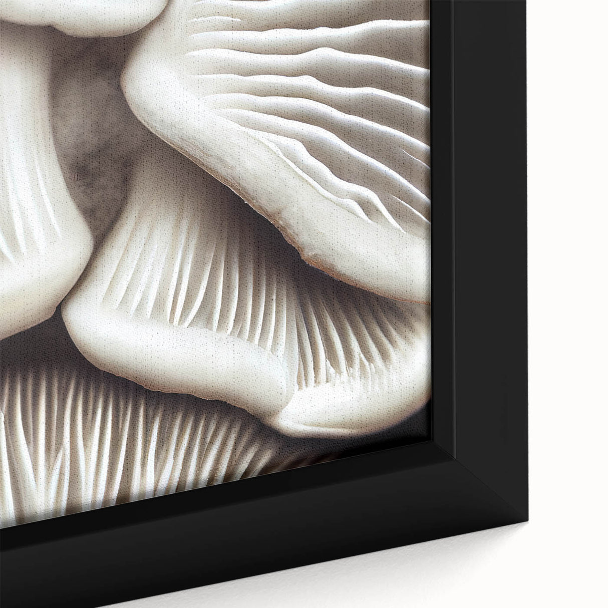 Close-up of a framed botanical wall art piece showcasing vibrant flowers and intricate mushrooms, perfect for enhancing home decor with a natural aesthetic.