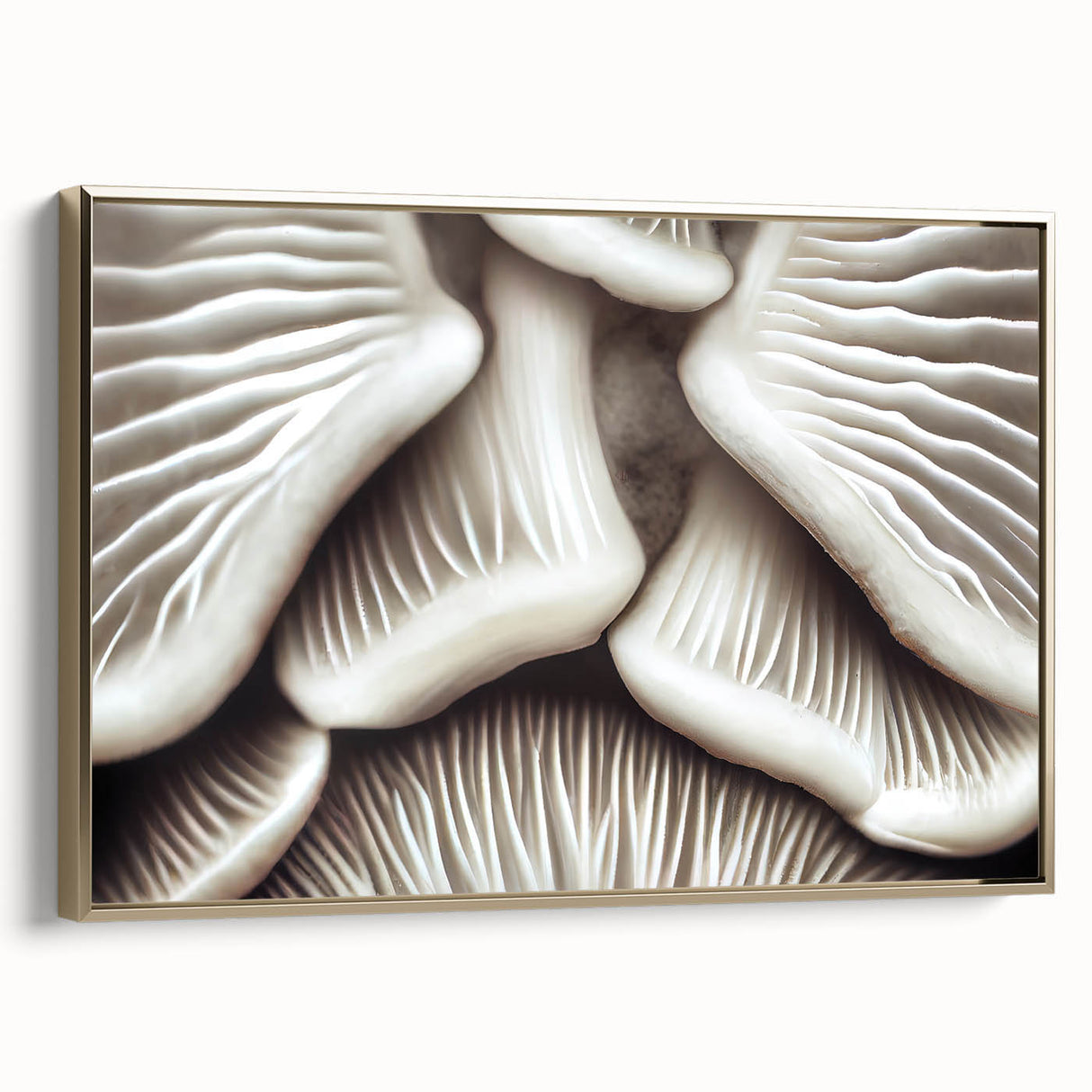 Framed wall art featuring a botanical design of delicate flowers and mushrooms, set against a gold backdrop, showcasing intricate details and vibrant colors.