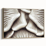 Framed wall art featuring a botanical design of delicate flowers and mushrooms, set against a gold backdrop, showcasing intricate details and vibrant colors.