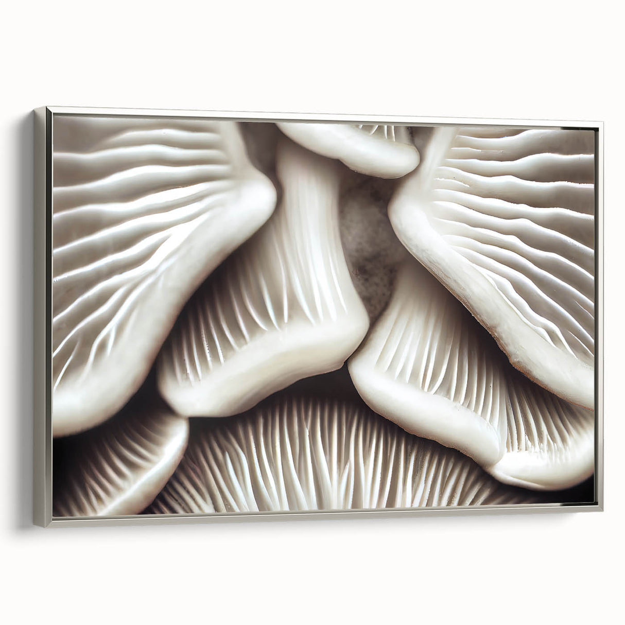 Framed wall art featuring a botanical design with colorful flowers and mushrooms, set against a silver frame, showcasing a stylish side view for home decor.
