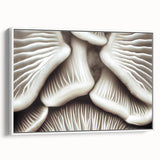 Framed wall art collection showcasing a botanical design featuring colorful flowers and mushrooms on a white canvas, elegantly displayed from a side view.