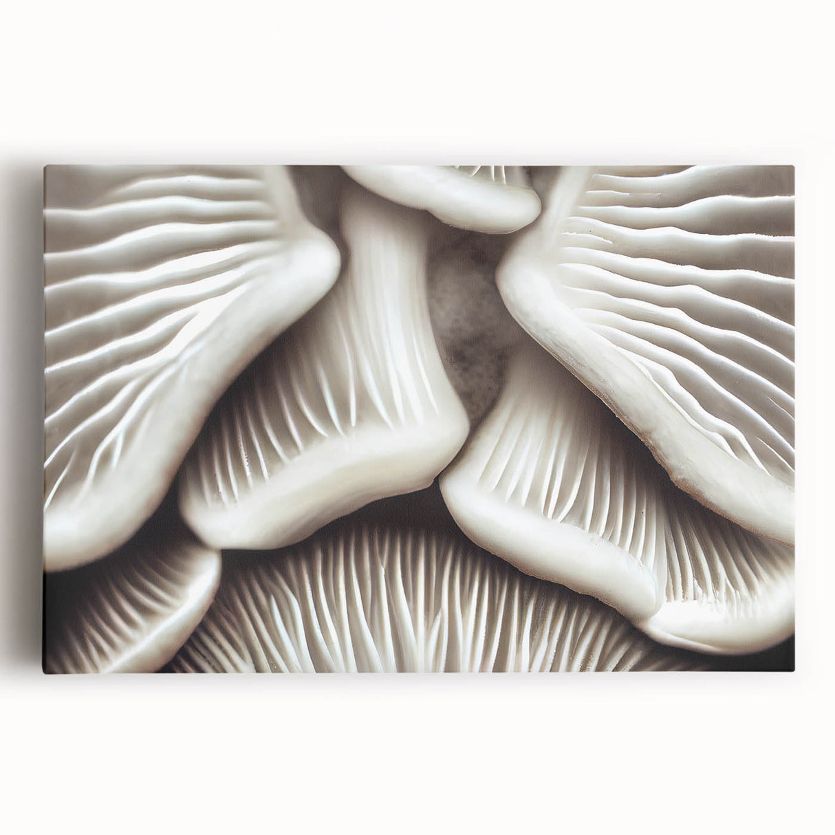 Botanical wall art featuring vibrant floral and mushroom designs on a stretched canvas, showcasing intricate details and rich colors, ideal for nature-inspired decor.