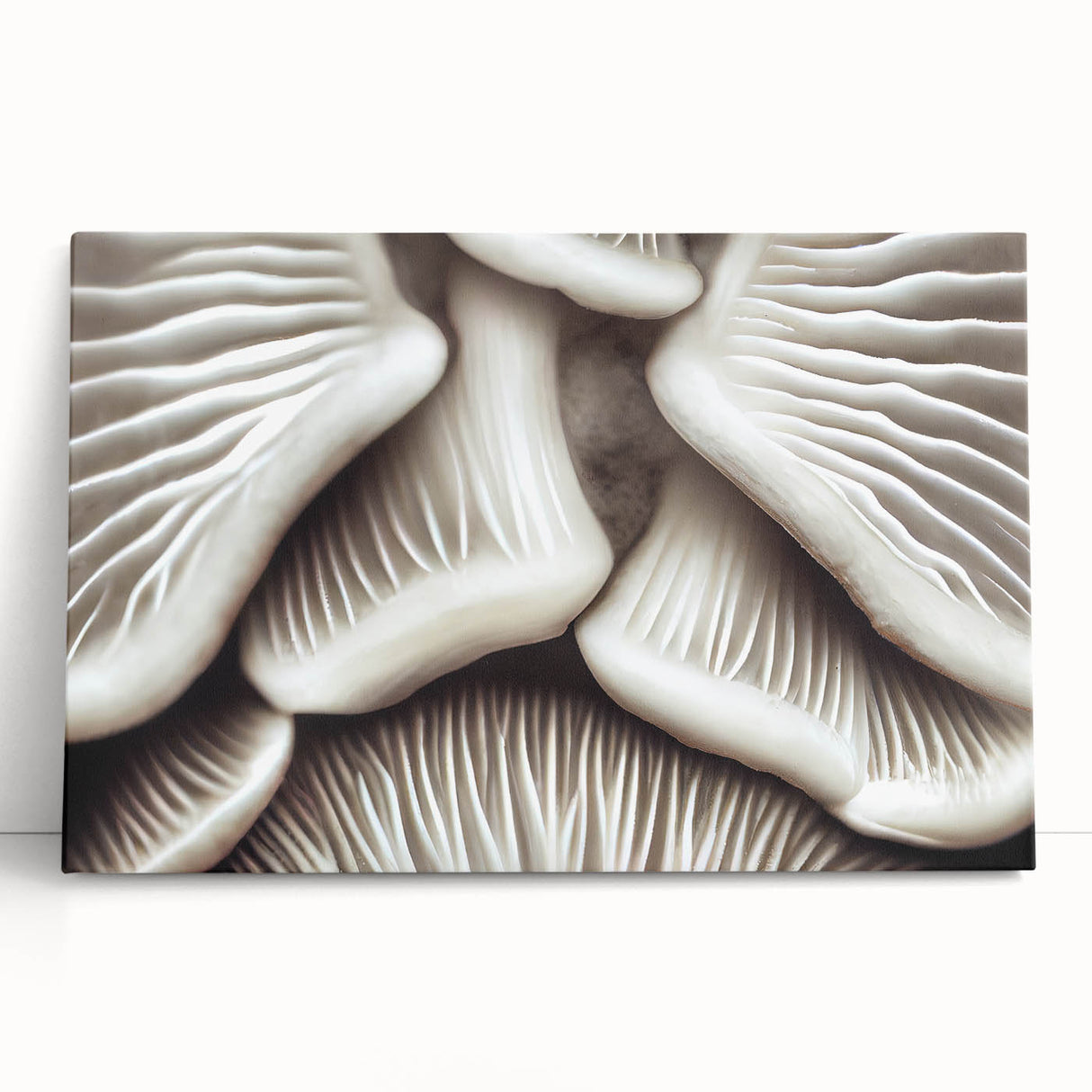 Botanical wall art showcasing vibrant flowers and mushrooms on a stretched canvas, elegantly leaning against a neutral backdrop, perfect for home decor.