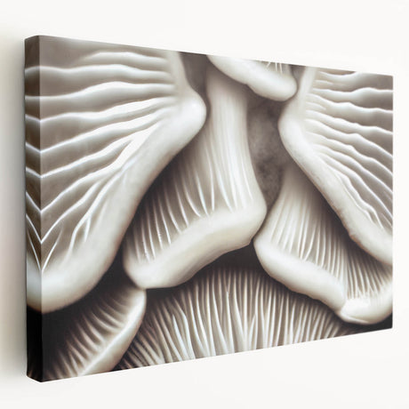 Stretched canvas wall art showcasing a vibrant botanical design of colorful flowers and mushrooms, featuring a side view that highlights its textured finish, perfect for home decor.