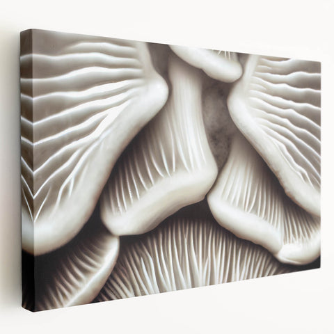 Stretched canvas wall art showcasing a vibrant botanical design of colorful flowers and mushrooms, featuring a side view that highlights its textured finish, perfect for home decor.