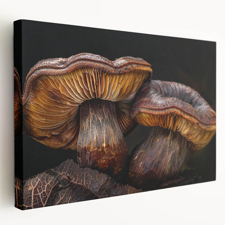 Stretched canvas wall art showcasing a vibrant botanical design of flowers and mushrooms, presented in a side view, perfect for modern home decor.