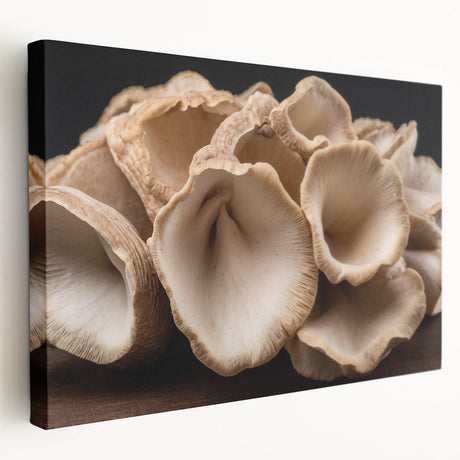 Stretched canvas wall art featuring a botanical design with vibrant flowers and mushrooms against a natural wood backdrop, ideal for home decor and nature lovers.