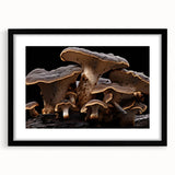 Botanical wall art collection featuring floral and mushroom designs in an elegant black frame with a white mat, showcasing vibrant colors and intricate details, perfect for home decor.