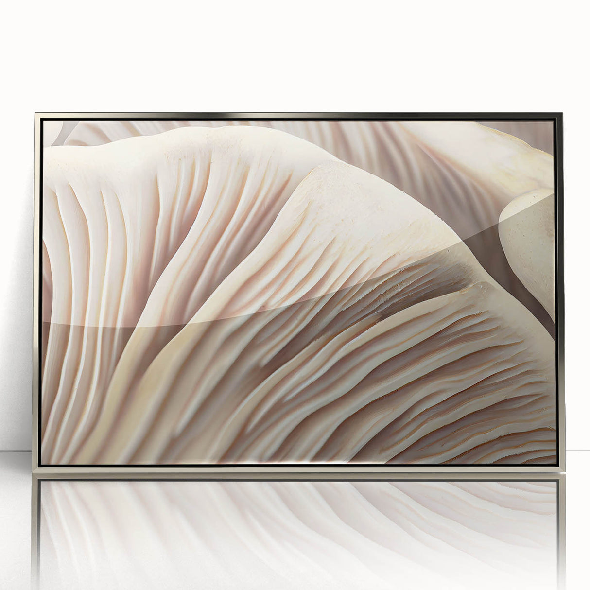Framed wall art featuring a botanical design with vibrant flowers and mushrooms, set in a sleek silver frame, perfect for enhancing home decor.