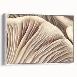 Framed canvas wall art design showcasing a vibrant botanical illustration of flowers and mushrooms, presented in a sleek white frame with a side view angle.