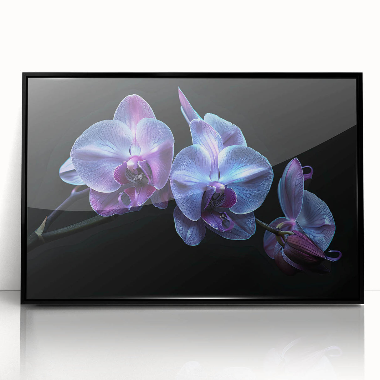Framed botanical wall art showcasing a vibrant orchid design with rich colors, presented in a sleek black frame, perfect for home decor enhancement.