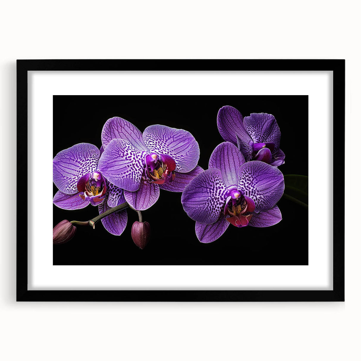 Framed botanical wall art featuring a vibrant orchid design with a black mat, showcasing intricate floral details and elegant styling for home decor.